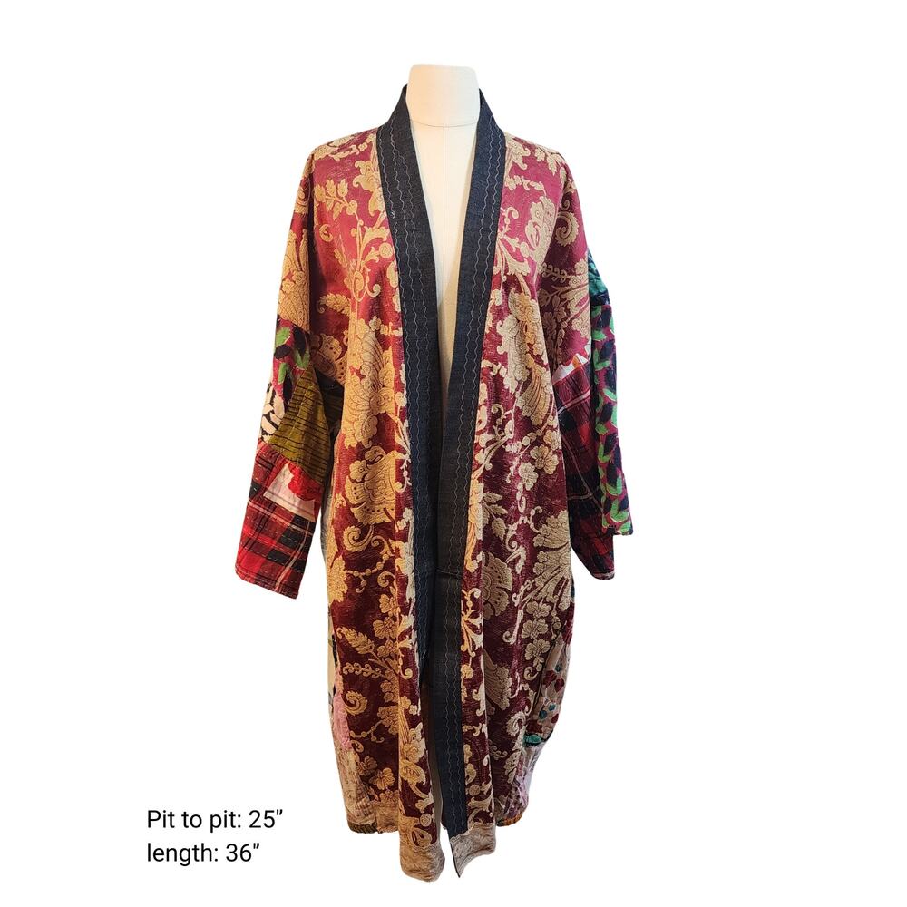 Boho Kimono Made from Vintage Quilt and Red Brocade with Dark Denim Collar